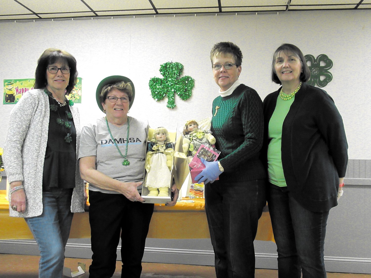 (Top) SUPER STAFF: Carol DeLory, Mariane Beirne, Deb Petisce and Sue Hartington were among the many Tri-City Elks members who made last Saturday’s St. Patrick’ Day Party extra special by decorating Lodge 14 then helping serve the dinner